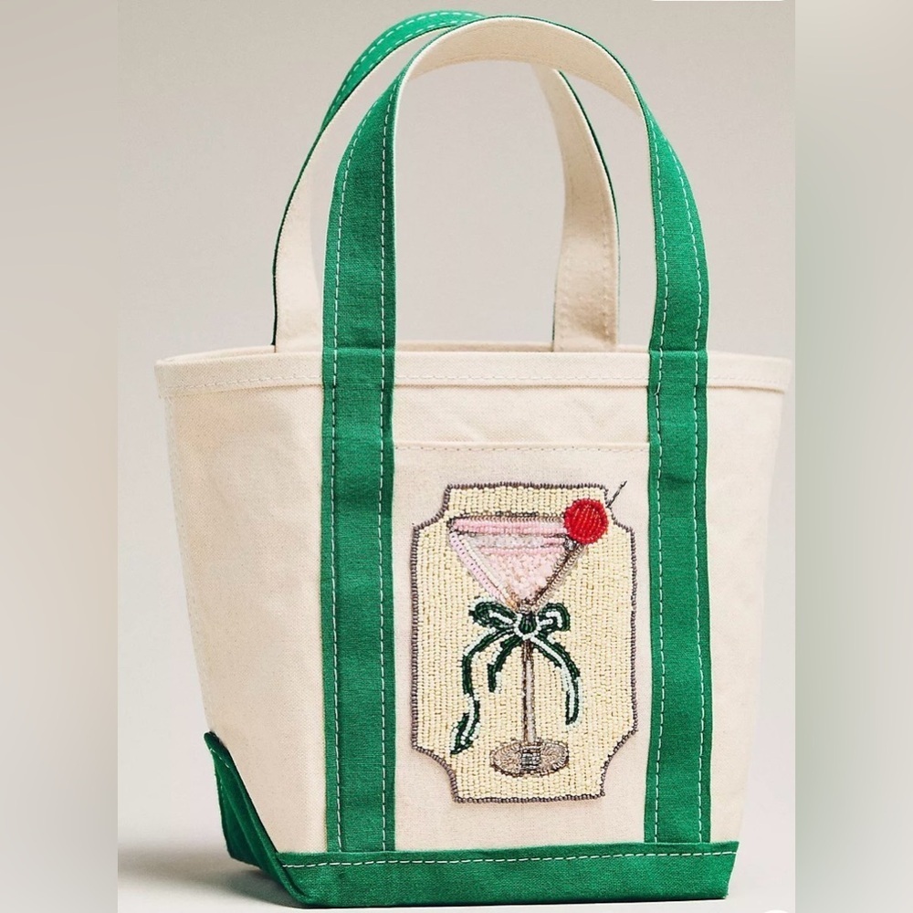 Anthropologie The Hartley Canvas Tote Green Cream Beaded Bag NWT